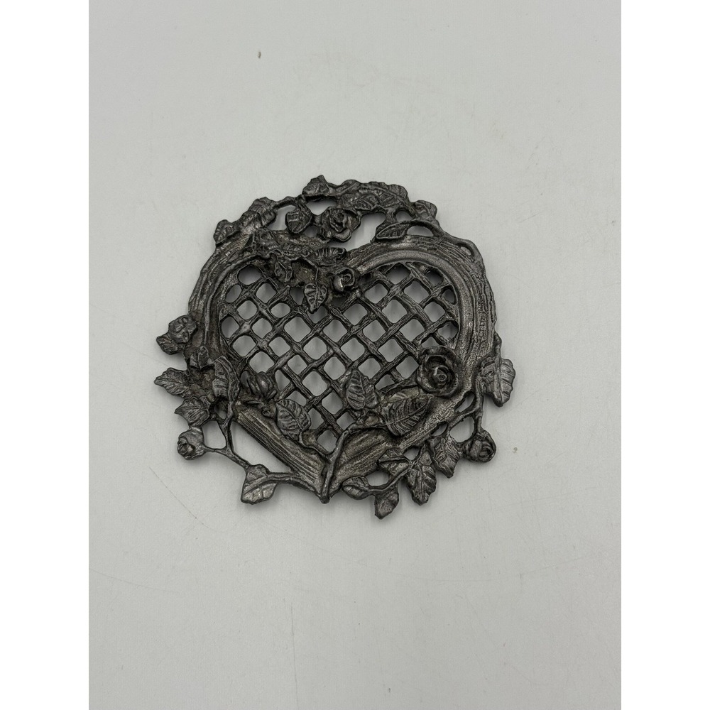 Vintage 1987 METZKE Pewter Potpourri Glass Jar Rose Heart Trellis Lid